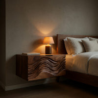 Solid Wood Nightstand Floating With Wave Carved Front Bedroom, view 5