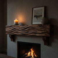 Solid Wood Floating Fireplace Mantel Rustic Shelf With Wave Carved Living, view 5