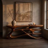 Wooden Console Table With Sculptural Form For Living Statement, view 5