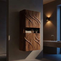 Solid Wood Corner Wall Bathroom Shelf Cabinet With Door Waves, view 5