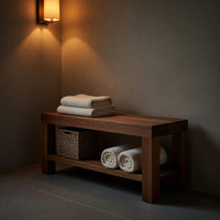 Solid Wood Teak Shower Bench Minimalist With Storage Shelf Bathroom, view 5
