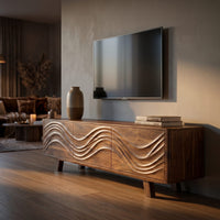 Carved Wave-Pattern TV Cabinet With Organic Display Shelving, view 5