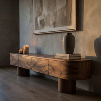 Rustic Wood Tv Cabinet With Sculptural Display Shelves For Home, view 5