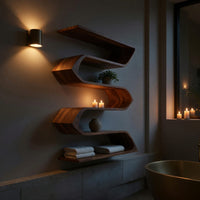 Solid Wood Corner Wall Bathroom Shelf Sculptural Mounted Storage, view 5