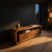 Rounded-Edge Media Console with Brass Pulls, Two Drawers, view 5