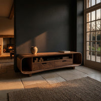 Rolling Curve Walnut Media Console with Two Drawers, view 5