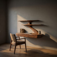 Floating Wooden Desk With Curved Upper Shelf Frame For Workspace, view 5