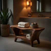 Solid Wood Teak Shower Bench Sculptural Two Tier Bathroom, view 5