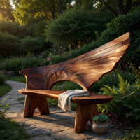 Solid Wood Outdoor Garden Bench With Wing Inspired Carved Backrest, view 5