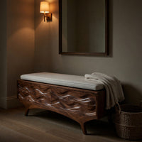 Solid Wood Entryway Storage Bench Coastal Wave Carved, view 5