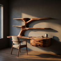 Rustic Wooden Desk With Sculptural Shelving And Drawer For Workspace, view 5