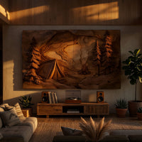 Campfire and Pines Carved Hardwood Wall Art Panel, view 5 — view 5