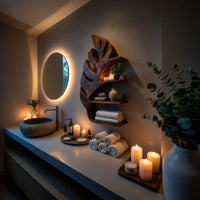 Solid Wood Corner Wall Bathroom Shelf Leaf Mounted Spa, view 5