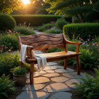 Solid Wood Outdoor Garden Bench With Wave Carved Backrest Exterior, view 5