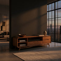 Warm Oak Media Console with Open Shelves and Drawers, view 5
