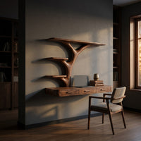 Organic Floating Desk With Branch Shaped Open Shelves For Workspace, view 5