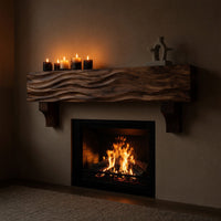 Solid Wood Floating Fireplace Mantel Rustic Shelf With Wave Carved Living, view 6