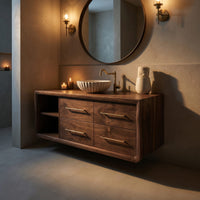 Solid Wood Bathroom Vanity Scandinavian Floating With Open Shelf Apartment, view 6