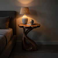 Solid Wood Nightstand Handcrafted With Floral Shaped Tabletop Bedroom, view 6