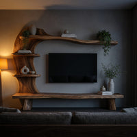 Handcrafted Wood Tv Shelf With Curved Frame For Living Room, view 6