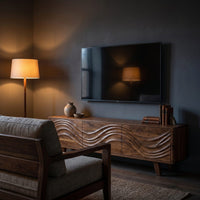 Carved Wave-Pattern TV Cabinet With Organic Display Shelving, view 6