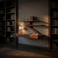 Floating Wooden Desk With Curved Upper Shelf Frame For Workspace, view 6