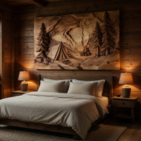 Campfire and Pines Carved Hardwood Wall Art Panel, view 6 — view 6