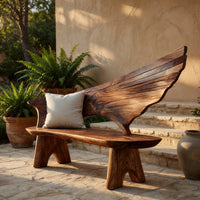 Solid Wood Outdoor Garden Bench With Wing Inspired Carved Backrest, view 6