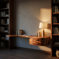 Rustic Wooden Desk With Sculptural Shelving And Drawer For Workspace, view 6