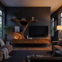 Wooden Floating Tv Stand With Side Branch Shaped Storage For Living, view 6