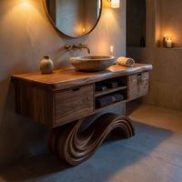 Solid Wood Bathroom Vanity Curved With Open Storage, view 6