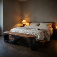 Organic Wooden Bench With Curved Black Base For Home, view 6