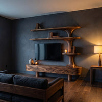 Rustic Wood Tv Cabinet With Sculptural Display Shelves For Home, view 6