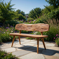 Solid Wood Outdoor Garden Bench With Wave Carved Backrest, view 7