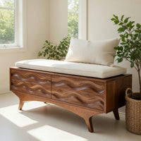 Solid Wood Entryway Storage Bench Coastal Wave Carved, view 7