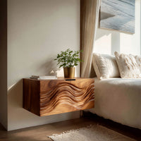 Solid Wood Nightstand Floating With Wave Carved Front Bedroom, view 7