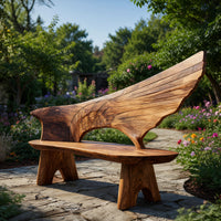 Solid Wood Outdoor Garden Bench With Wing Inspired Carved Backrest, view 7