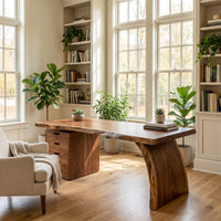 Organic Wood Desk With 3 Tier Integrated Bookshelf For Study Room, view 7