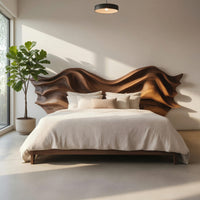 Solid Wood Headboard Artistic Sculptural With Wave Carving Bedroom, view 7