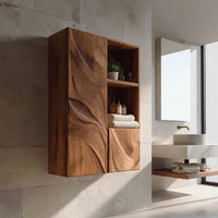 Solid Wood Corner Wall Bathroom Shelf Cabinet Wave Carved Design, view 7