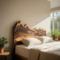 Solid Wood Headboard Mountain Carved Queen King Bed Rustic Bedroom, view 7