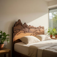 Solid Wood Headboard Rustic Style Mountain Carved Wall Art Bedroom, view 7