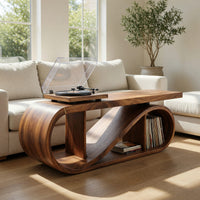 Solid Wood Record Player Stand Coastal Wave Storage Cabinet Beach Residence, view 7
