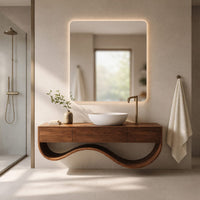 Solid Wood Bathroom Vanity Luxury Cabinet With Undulating Open Shelf Bath, view 7