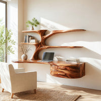 Rustic Wooden Desk With Sculptural Shelving And Drawer For Workspace, view 7