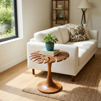 Sculptural Wood Side Table With Leaf Shape Top For Living, view 7