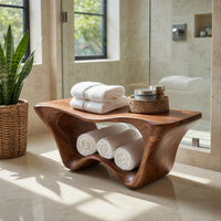 Solid Wood Teak Shower Bench Sculptural Two Tier Bathroom, view 7
