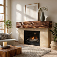 Solid Wood Floating Fireplace Mantel Rustic Shelf With Wave Carved Living, view 7