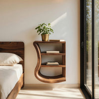 Solid Wood Nightstand Minimal Curved Open Shelf Design Bedroom, view 7