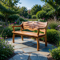 Solid Wood Outdoor Garden Bench With Wave Carved Backrest Exterior, view 7